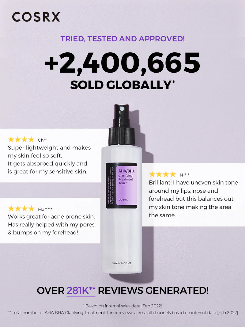 COSRX AHA/BHA 클래리파잉 트리트먼트 토너 150ml; 각질제거, 수분공급, 피부결 정리