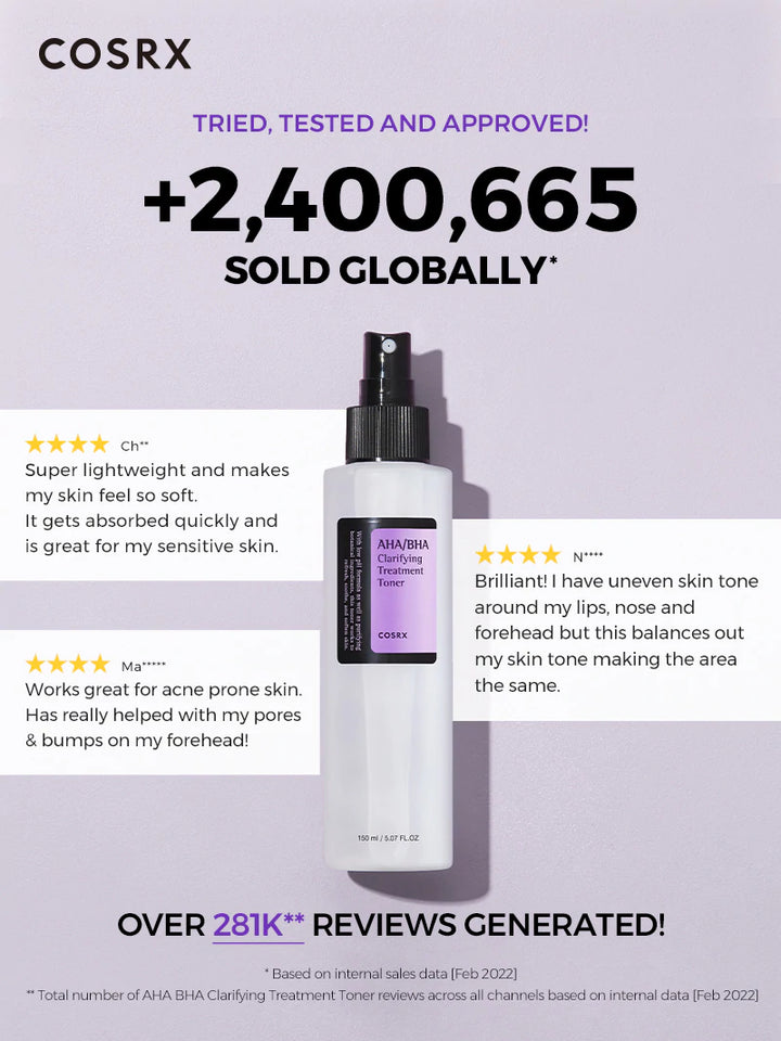 COSRX AHA/BHA 클래리파잉 트리트먼트 토너 150ml; 각질제거, 수분공급, 피부결 정리