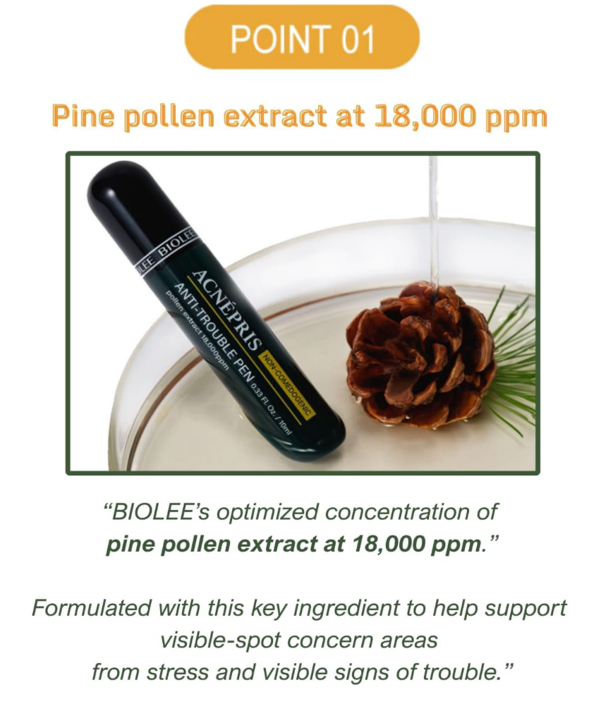 [BIOLEE] ACNEPRIS Acne Pimple Blemish Spot Serum Care Pen | Pine Pollen Roll-On Spot Care Pen 10 mL (0.34 fl oz) Non-Comedogenic Stainless-Steel Roller (Korea Beauty Cosmetic) 1ea