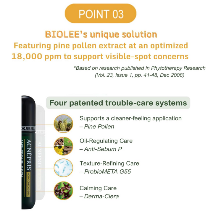 [BIOLEE] ACNEPRIS Acne Pimple Blemish Spot Serum Care Pen | Pine Pollen Roll-On Spot Care Pen 10 mL (0.34 fl oz) Non-Comedogenic Stainless-Steel Roller (Korea Beauty Cosmetic) 1ea