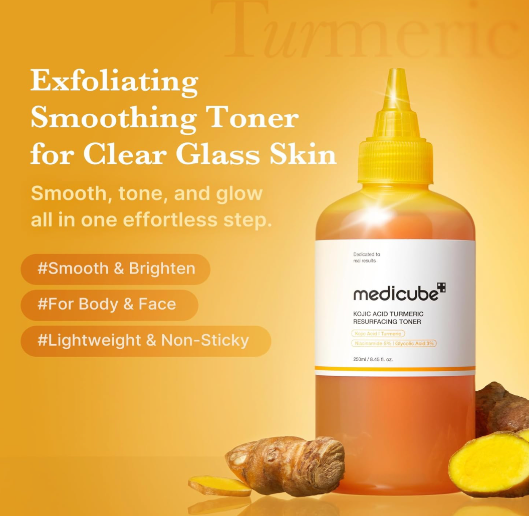 [Medicube] Kojic Acid Turmeric Smoothing Toner for Face & Body | Lightweight Toner for Balancing Uneven Skin Tone & Texture | Niacinamide, Glycolic Acid for Clear Glass Skin | 8.45 fl.oz