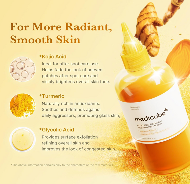[Medicube] Kojic Acid Turmeric Smoothing Toner for Face & Body | Lightweight Toner for Balancing Uneven Skin Tone & Texture | Niacinamide, Glycolic Acid for Clear Glass Skin | 8.45 fl.oz