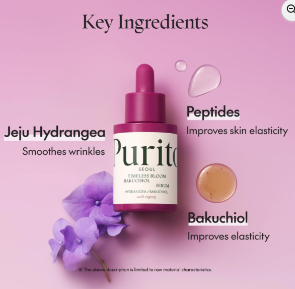 PURITO SEOUL Timeless Bloom Bakuchiol Serum, Korean Jeju Hydrangea, for Sensitive Skin, Ampoule, Fine Line Reduction, Anti Aging Facial Serum for face, K-Beauty, 30ml