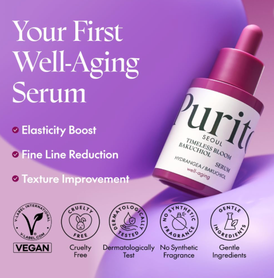 PURITO SEOUL Timeless Bloom Bakuchiol Serum, Korean Jeju Hydrangea, for Sensitive Skin, Ampoule, Fine Line Reduction, Anti Aging Facial Serum for face, K-Beauty, 30ml