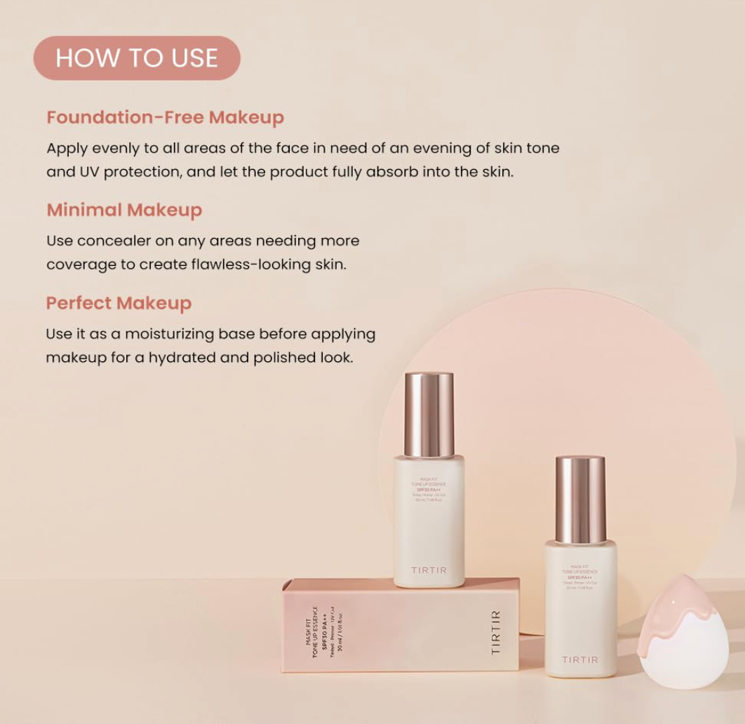 TIRTIR Mask Fit Tone Up Essence | Tinted Moisturizer, All-in-one base, Glass skin look, Deep Hydration, Long-lasting, Natural Coverage, Lightweight, Make-up free look, 1.01 fl.oz.